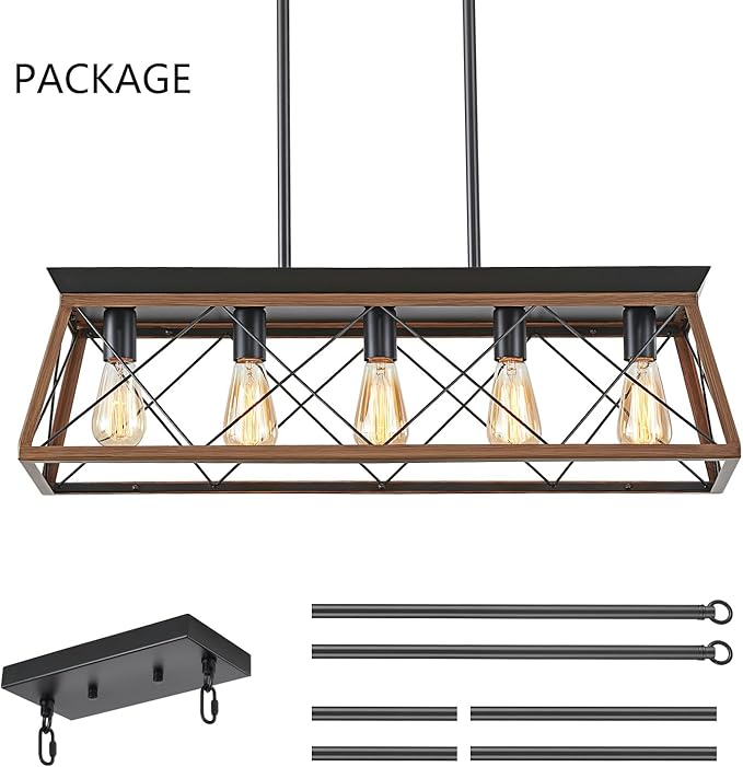 HuixuTe 5-Light Dining Room Chandelier Over Table, Farmhouse Kitchen Island Lighting, Adjustable Height Chandeliers for Kitchen, Dining Room Table Walnut