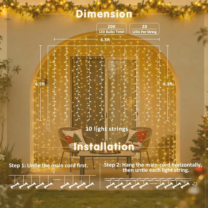 JMEXSUSS Curtain Lights 200 LED with 8 Modes | Remote Curtain Fairy Lights, USB String Lights, for Bedroom, for Classroom, for Wedding, 8 Modes, 6.5ftx6.5ft, Warm White