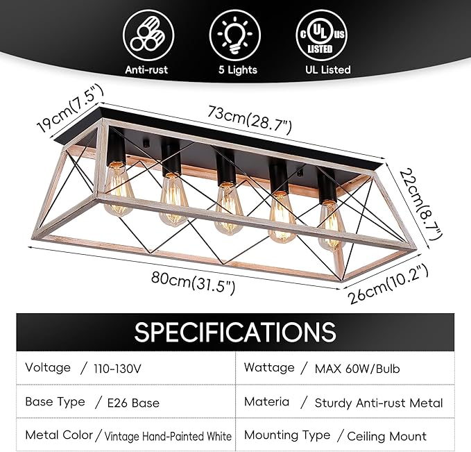 31.5" Large Flush Mount Ceiling Light Fixture, X-Shaped Metal Cage Design, Dimmable 5-Light Close to Ceiling, Farmhouse & Vintage Industrial Style, for Dining Room, Kitchen Island, Living Room