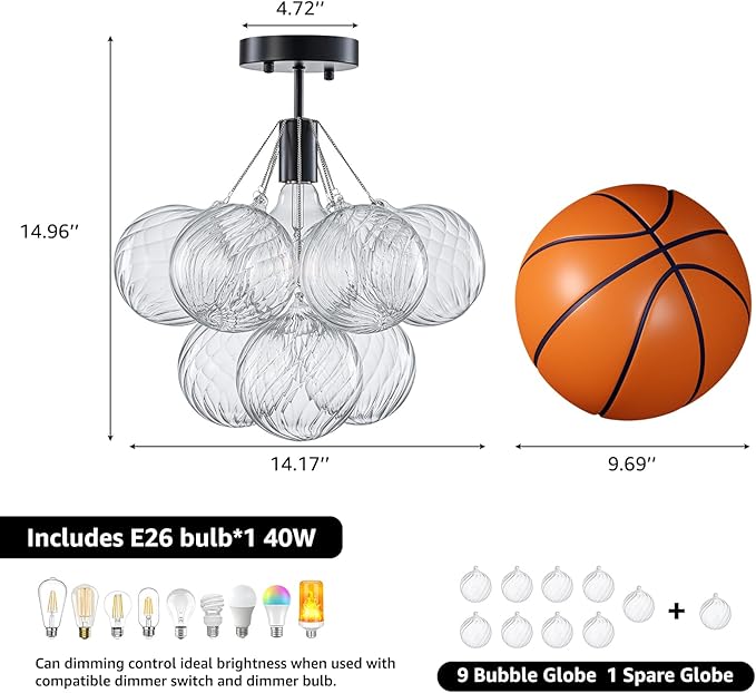 GoYeel Flush Mount Ceiling Light 14.17"-Mid Century Modern Chandelier Lighting Black Globe Bubble Chandeliers 1 Light with 9 Clear Swirled Glass Ball Lighting for Dining Room,Include E26 Blub