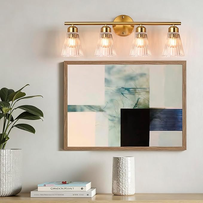 4-Light Bathroom Vanity Light, Brushed Gold Bathroom Light Fixtures Over Mirror with Stripe Glass, Modern Wall Lamp, Wall Sconces Lighting for Living Room Bedroom Kitchen Hallway