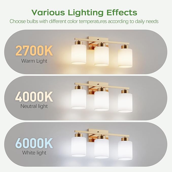 PARTPHONER 3-Light Brushed Gold Bathroom Light Fixtures, Modern Vanity Light Over Mirror Lighting, Wall Sconce with Frosted Milky White Glass Shades for Bedroom Living Room Kitchen Hallway