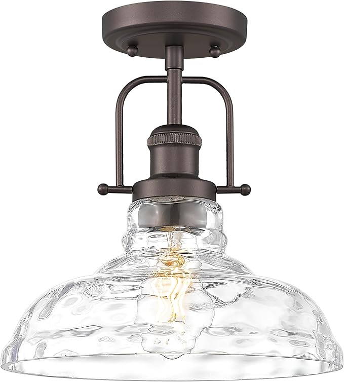 FEMILA 11" Farmhouse Flush Mount Ceiling Light Fixture, Semi Flush Kitchen and Bedroom Ceiling Light with Water Ripple Glass Shade, Oil Rubbed Bronze, Rustic Industrial Lighting, 4FY09-F ORB-WG
