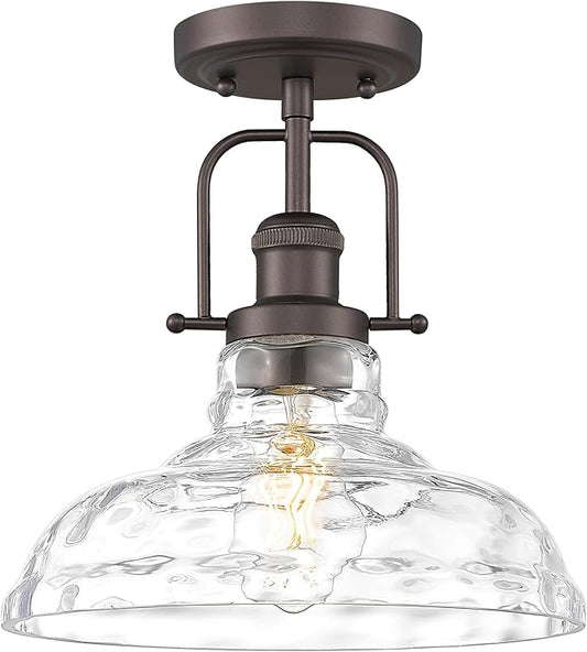 FEMILA 11" Farmhouse Flush Mount Ceiling Light Fixture, Semi Flush Kitchen and Bedroom Ceiling Light with Water Ripple Glass Shade, Oil Rubbed Bronze, Rustic Industrial Lighting, 4FY09-F ORB-WG