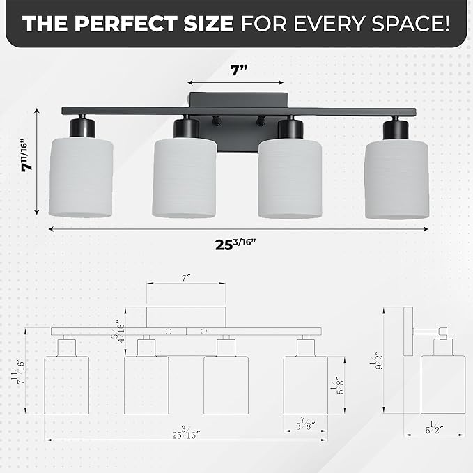 The Door Bull Modern Bathroom Vanity Light, Milky White Glass Shades, Wall Sconce for Bedroom & Living Room, E26 Socket, Over Mirror Lighting Fixture (Matte Black, 4 Lights)