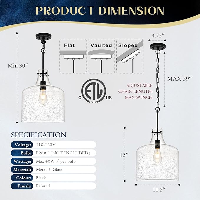 12" Black Seeded Glass Pendant Light Modern Hanging Ceiling Light for Kitchen Island Dining Room Hallway Farmhouse Hand-Blown Bubble Glass Lighting, E26 Socket