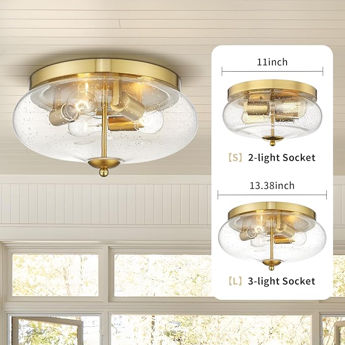 Darkaway Large Ceiling Light Fixtures 3-Ight Flush Mount Indoor Outdoor Ceiling Light with Seeded Glass Shade for Hallway Kitchen Bedroom Porch Living Room Dining Room Gold Finish