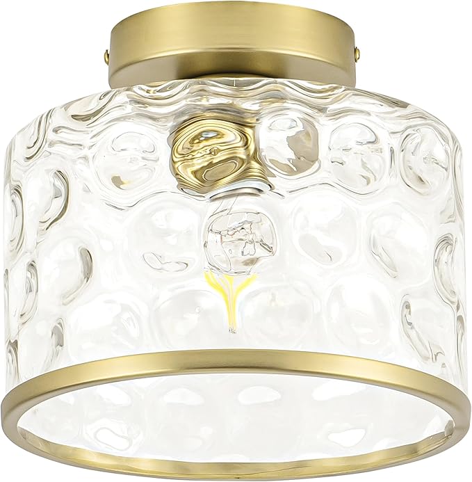 Zlepmlla Gold Flush Mount Ceiling Light with Clear Hammered Glass lampshade, Farmhouse Ceiling Lights Fixture in Satin Brass for Kitchen Bathroom, Bulb not Included