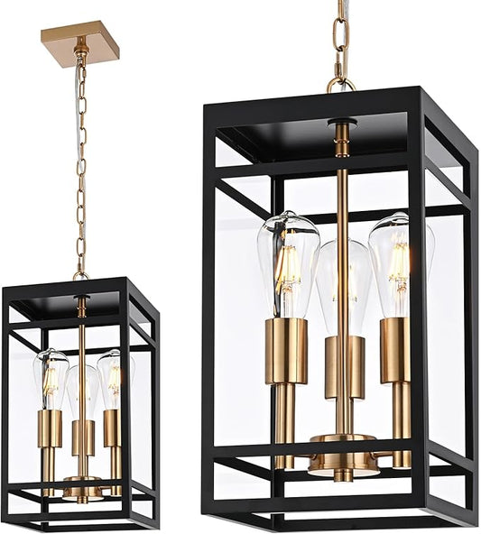 VINLUZ 3-Light Outdoor Pendant Light with Adjustable Chain, 16" Black and Gold Finish Outdoor Hanging Light Fixture, Exterior Hanging Lantern Chandelier for Entryway Patio Garden
