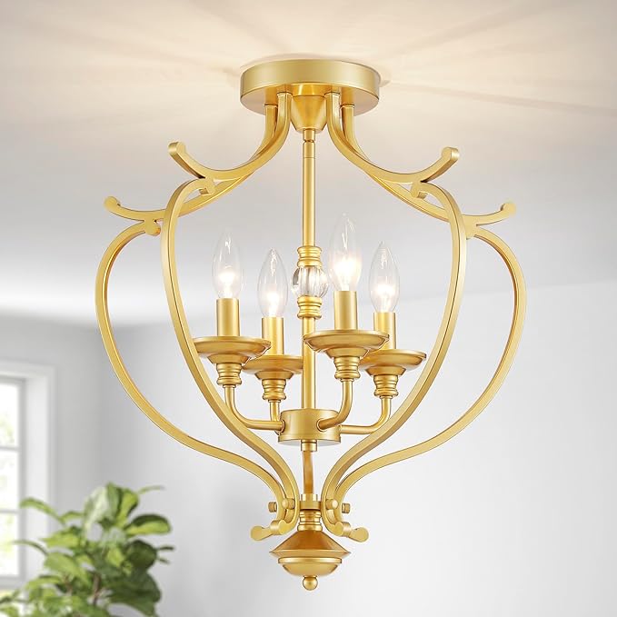Modern 4-Light Vintage Antique Candle Ceiling Light, Light Fixture for Dining Room, Living Room, Bedroom, Gold Frame, Farmhouse Style, Maria Theresa Design, E12 Socket, D18*H20 inch