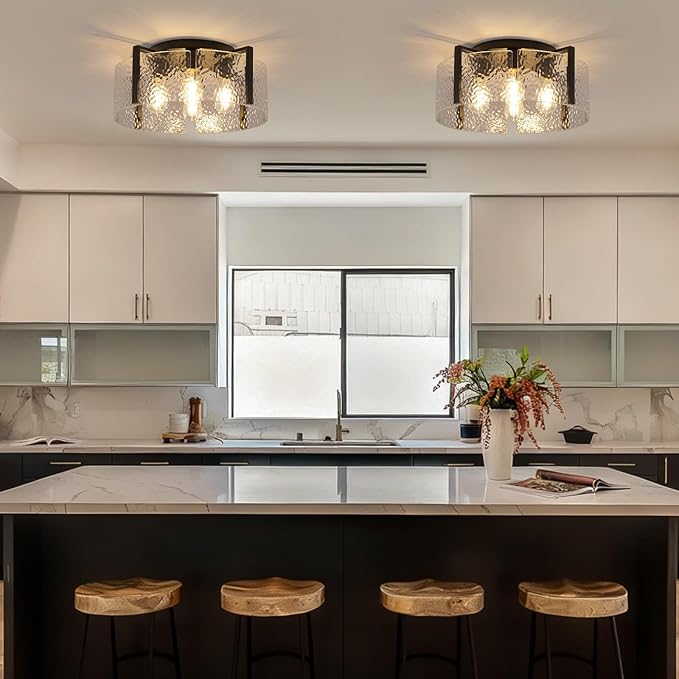 Black Flush Mount Ceiling Light Fixture, 4-Light Modern Entryway Light Fixture Ceiling Mount, Close to Ceiling Light Fixtures, Kitchen Lighting Fixtures Ceiling Lights for Bedroom Bathroom Hallway