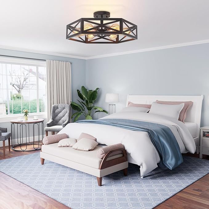 Semi Flush Mount Ceiling Light, Black Large 6-Light Fixtures Ceiling Mount with Hexagon Cage, Metal Industrial Close to Ceiling Light for Hallway, Kitchen, Bedroom (Black, 19.68''L)