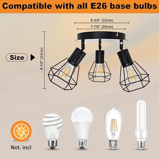 LTBLIGHT 3-Light Track Lighting Fixtures, Rotatable Ceiling Light Kit, Black Metal Wire Cage Lighting Fixtures with Round Plate Spotlights for Kitchen, Bedroom, Hallway, E26 Base, Bulbs Not Included