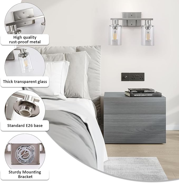 Brushed Nickel Bathroom Light Fixtures Over Mirror,2-Light Bathroom Vanity Light with Clear Glass Shade,Modern Farmhouse Wall Sconces Lighting for Mirror Kitchen Living Room Cabinet