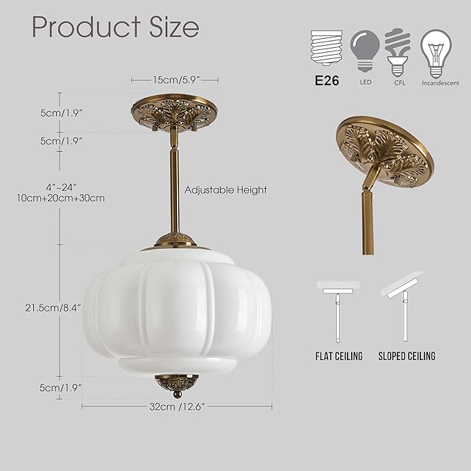 Milk Glass Ceiling Light Fixture, 12" Vintage Semi Flush Mount Pendant Light with Antique Brass Finish, Schoolhouse Light Fixture - Antique Chandelier for Kitchen, Hallway, Dining Room