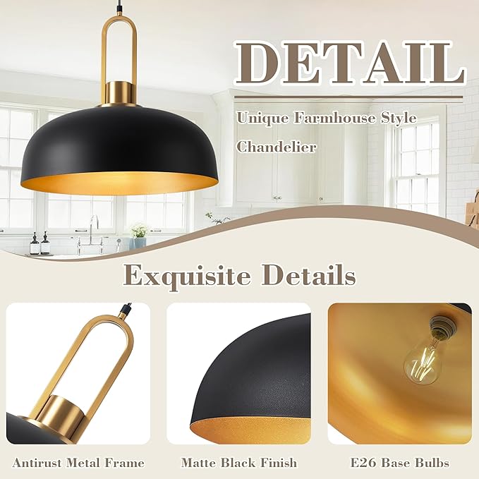 Matte Black Dome Pendant Light 18" Large Farmhouse Pendant Lighting Fixture Vintage Black and Gold Chandeliers for Dining Room, Kitchen Island, Bedroom, Hallway