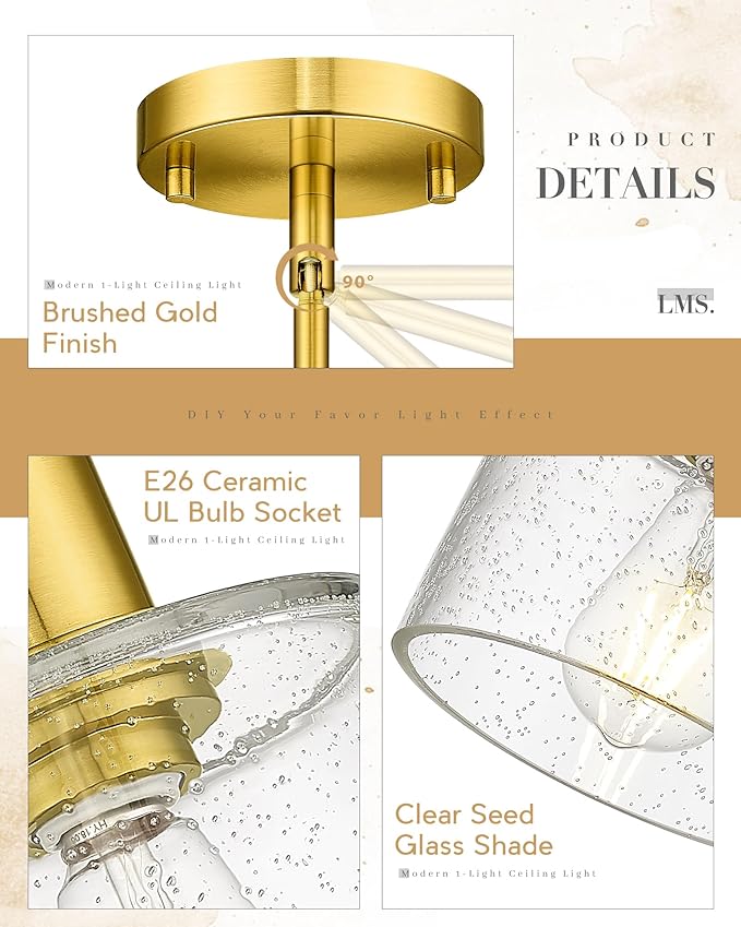 LMS Modern 1-Light Semi Flush Mount Ceiling Light, Brushed Gold Close to Ceiling Light with Seeded Glass Shade, Farmhouse Lighting for Hallway Corridor Kitchen, LMS-101GD