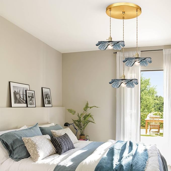 3-Cluster Chandelier Blue Glass Ceiling Pendant Light Fixtures Mid Century Adjustable Gold Brass Chandelier Lighting for Dining Room Living Room Kitchen, E26 Base