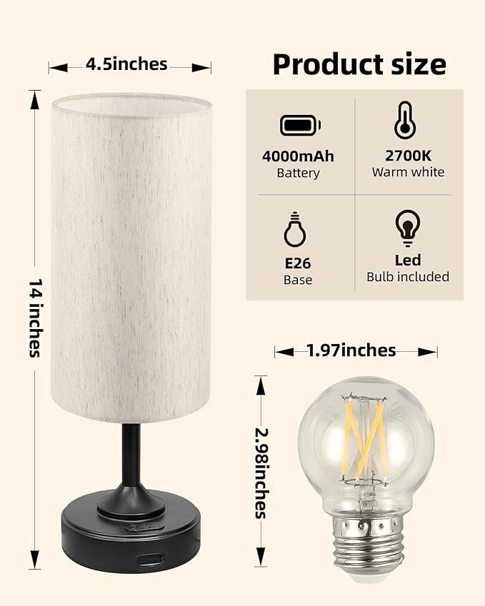 Battery Operated Lamp, Dimmable, Ambient Light, 2700K, Timer, Touch Control, Portable, LED, Wireless, Rechargeable, Cordless, Desk Lamp, Kitchen Lamp, Fabric Shade, for Bedroom, Living Room, Dorm