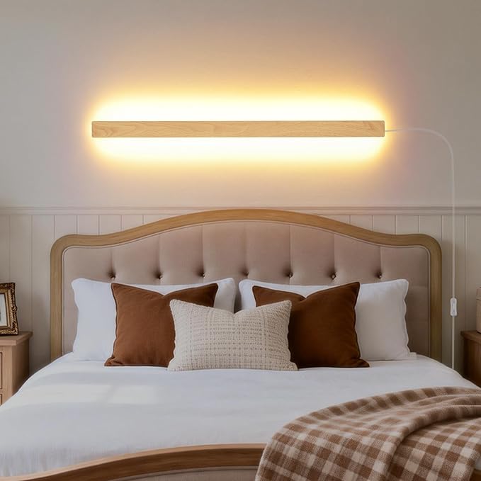 Modern Plug in Long Wall Sconce, 31.4 inch Faux Wood Texture Finish LED Wall Lights, 16W Warm White 3000K Acrylic Indoor Wall lamp, with 59" Plug Cable for Bedroom, Living Room, Hallway
