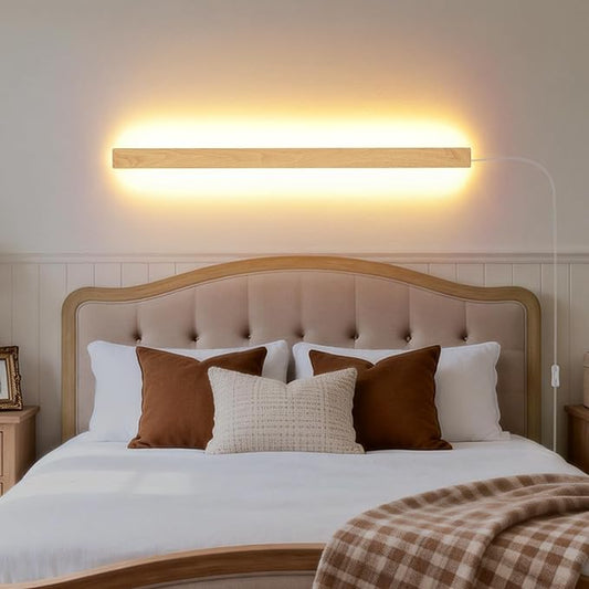 Modern Plug in Long Wall Sconce, 31.4 inch Faux Wood Texture Finish LED Wall Lights, 16W Warm White 3000K Acrylic Indoor Wall lamp, with 59" Plug Cable for Bedroom, Living Room, Hallway