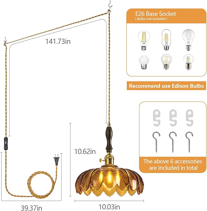 Modern Tawny Plug in Glass Pendant Light Retro Flower Glass Hanging Lamp Gold Brass Decorative Adjustable Ceiling Hanging Light Suitable for Kitchen Island Bedroom Dining Room Living Room