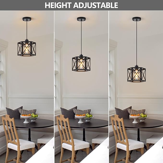 XSDeTu 2 Pack Farmhouse Pendant Lights, Modern Black Hanging Light Fixture with Hexagonal Cage, Industrial Metal Ceiling Lights, Adjustable Lantern Pendant Lighting for Kitchen Island Sink Hallway