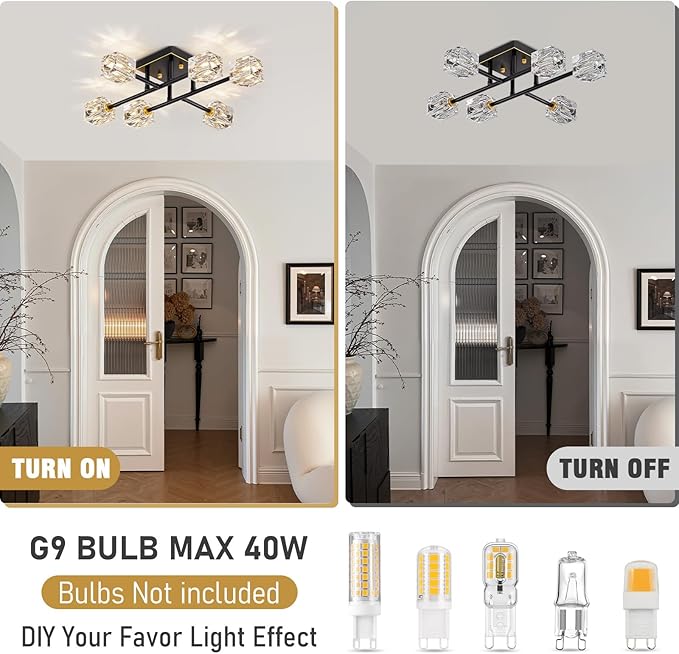 6-Light Modern Sputnik Ceiling Light Fixture，Crystal Semi Flush Mount Ceiling Light with K9 shade,Farmhouse Black and Gold Chandeliers for Dining Room,Bedroom,Living Room,Kitchen Island,Entryway