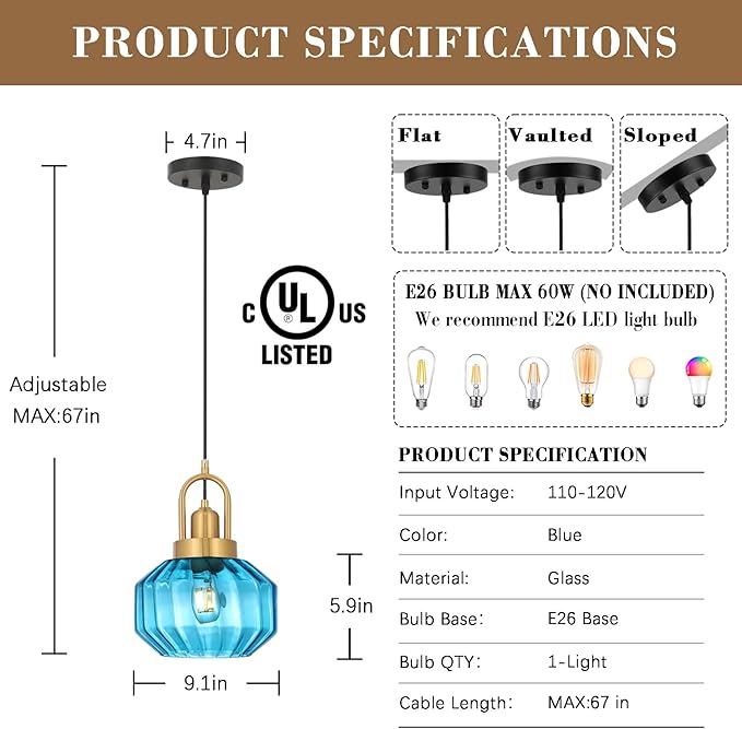 9in Mid Century Modern Blue Glass Pendant Light Fixture, Small Gold Kitchen Island Pendants Light Glass Ceiling Hanging Lamp for Foyer Dining Room Bedroom Entryway Hallway Over Sink