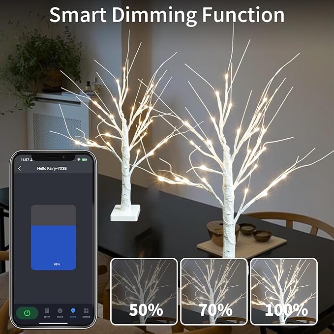 2FT Smart Birch Tree with LED Lights, Bluetooth App Controlled, 18 Modes, Dimmable, Timer, Music Sync, Warm White LED for Indoor Christmas Tabletop Centerpiece, Wedding & Valentine’s Day Decor, 2 Pack
