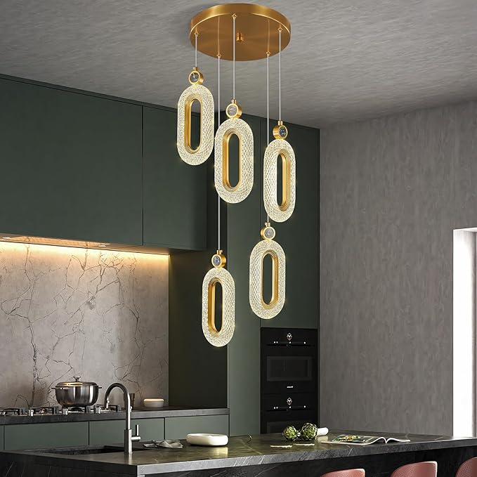 Pendant Lighting for Kitchen Island LED Dimmable Modern Gold Pendant Lights for Bedroom Hallway Entryway Kitchen Island Light Fixtures (5-Light)