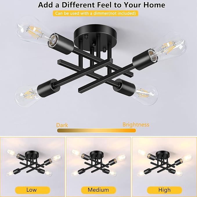 Asnxcju 4-Light Hallway Semi Flush Mount Light Fixtures, Farmhouse Black Light Fixtures Ceiling Mount, Indoor Close to Ceiling Lighting for Kitchen Entryway Bedroom Foyer (Bulb Not Included)