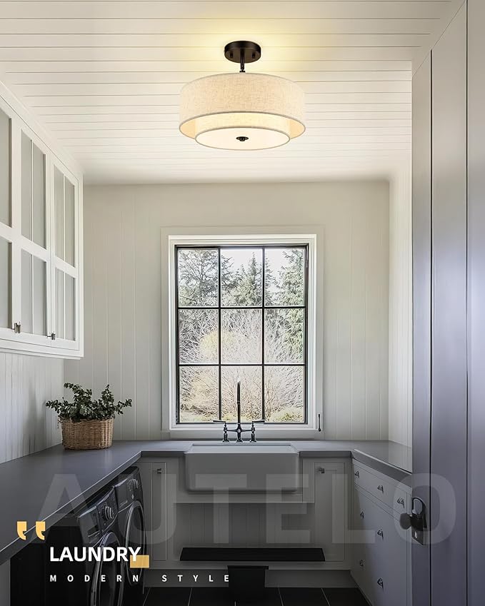 AUTELO 16" Semi Flush Mount Ceiling Light, 3-Light Modern Flush Mount Ceiling Light in Black Finish with Drum Fabric Shade for Hallway Bedroom Kitchen, C2506 BK-16