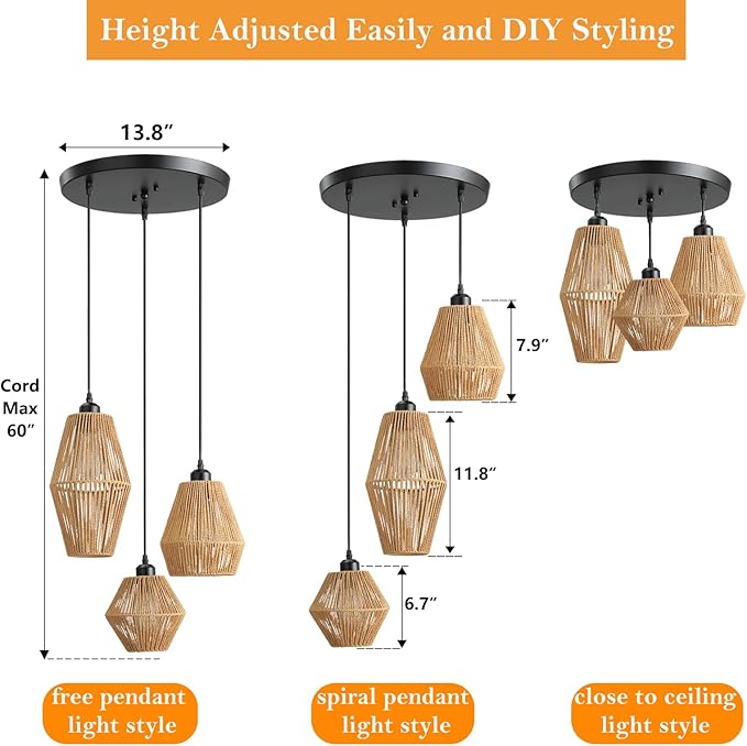3-Light Rattan Pendant Light,Hand Woven Boho Chandelier,Wicker Pendant Light Fixture,Kitchen Dining Room Chandelier Over Table,Hanging Light for Living Room,Entryway,LED Bulbs Included