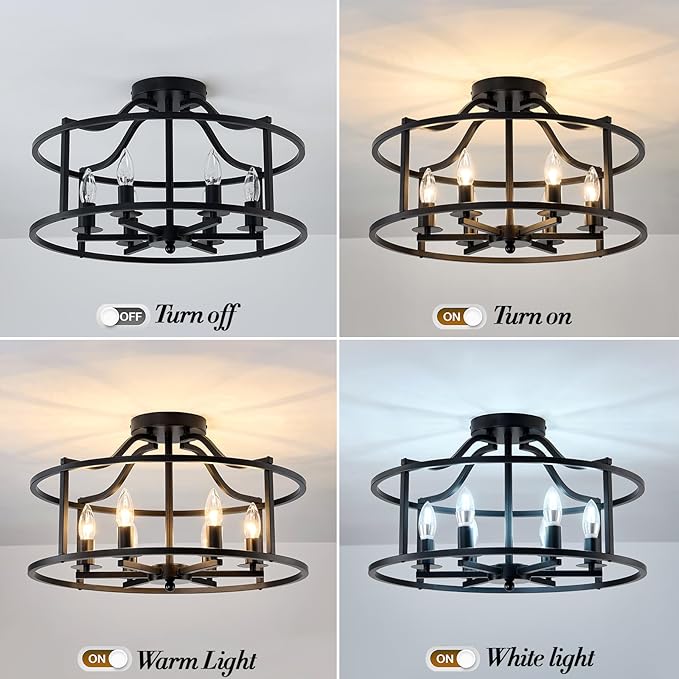 UOFUS Black Farmhouse Chandelier 6-Light Metal Dining Room Light Fixture Modern Industrial Semi Flush Mount Ceiling Light Fixture for Kitchen Island Bedroom Entryway Hallway Foyer E12 Base