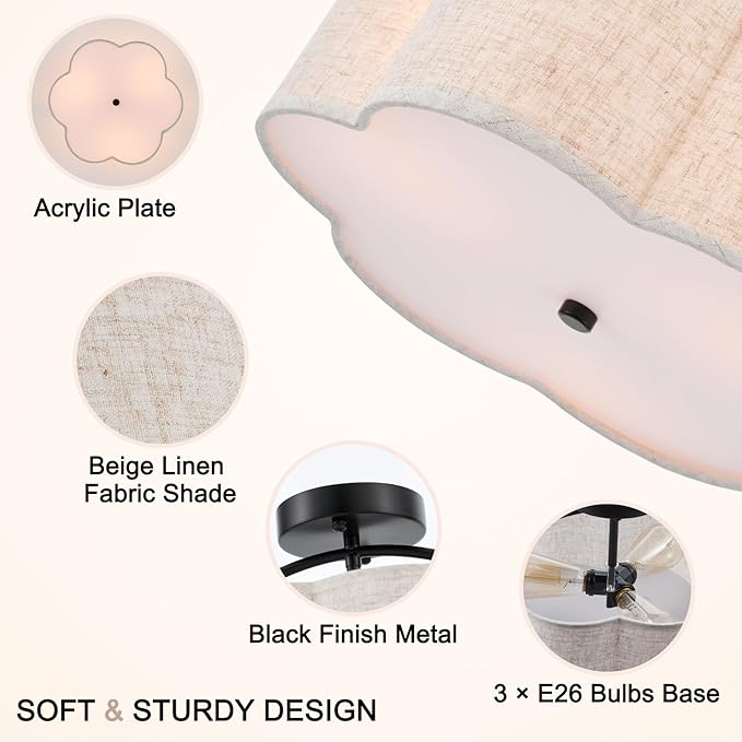 13.78" Semi Flush Mount Ceiling Light Modern 3-Lights Black Drum Ceiling Light Fixture with Fabric Linen Shade, Vintage Modern Ceiling Lighting for Laundry Room, Kitchen, Basement, Bedroom