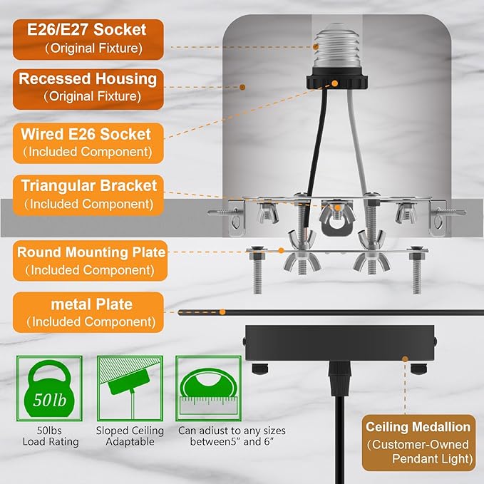 5" and 6" Recessed Can Light Conversion Kit, Fixture Upgrade, Pendant & Hanging Light, Ceiling Fan Compatible, 7¾ Inch Flat Steel Ceiling Medallion, Black Finish