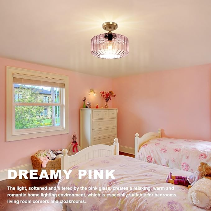 Pink Close to Ceiling Light Hallway Light Fixtures Vintage Antique Brass Ceiling Lamp with 11.02" Stripes Glass Shade Schoolhouse Flush Mount Ceiling Light for Closet Entryway Shower Light