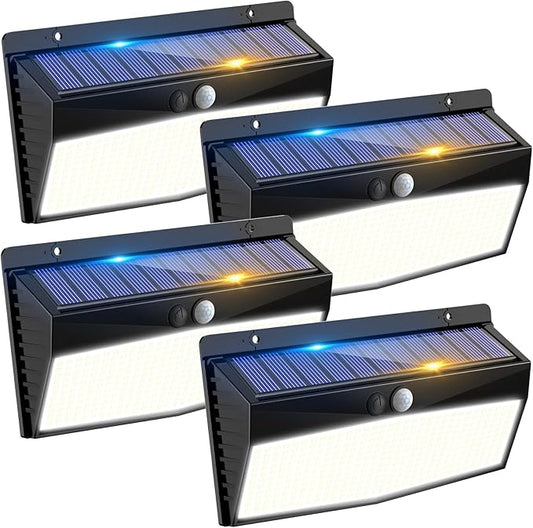 4 Pack 368 LED Solar Motion Sensor Lights Outdoor, Solar Fence Lights with 3 Lighting Modes, Solar Powered Security Lights Waterproof for Outside Yard Wall Garden Backyard Step Garage