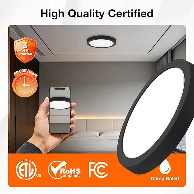 Sylvania 12" LED Flush Mount Ceiling Light Fixture, 24W, 1600 LMS, Hardwired, 3000K, Warm White, Black, LED Lights for Bedroom Kitchen Hallway Porch - 1 Pack (66459)