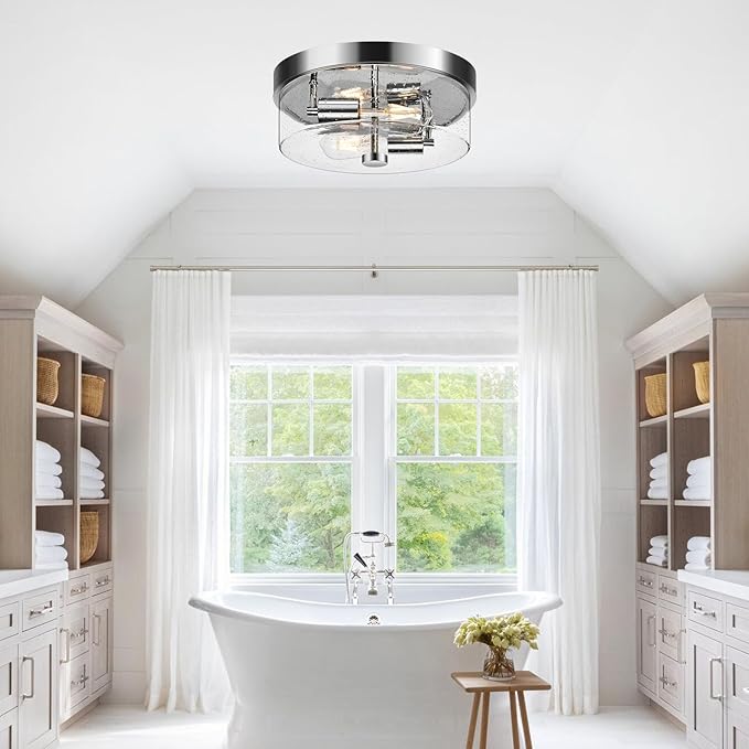 Flush Mount Ceiling Light Fixtures, 2-Light Chrome Ceiling Mount for Farmhouse with Seeded Glass Lampshade, Industrial Hall Flush Mount Light Fixture for Hallway, Kitchen, Entryway, Bedroom and Foyer
