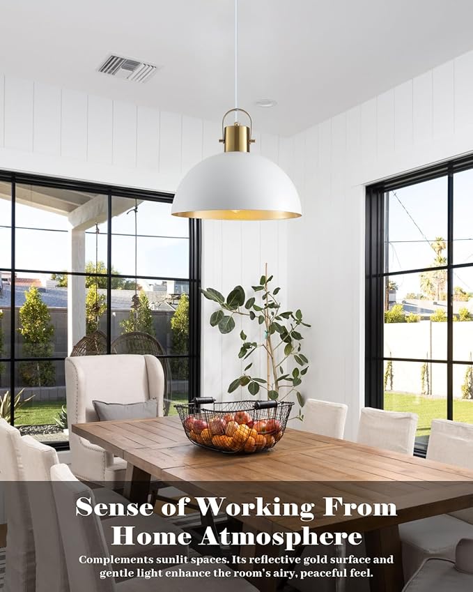 White and Gold Pendant Light 2 Pack, 11.8 Inch Dome Pendant Lights Kitchen Island, White Farmhouse Pendant Lights for Kitchen Island, Dining Room, Living Room