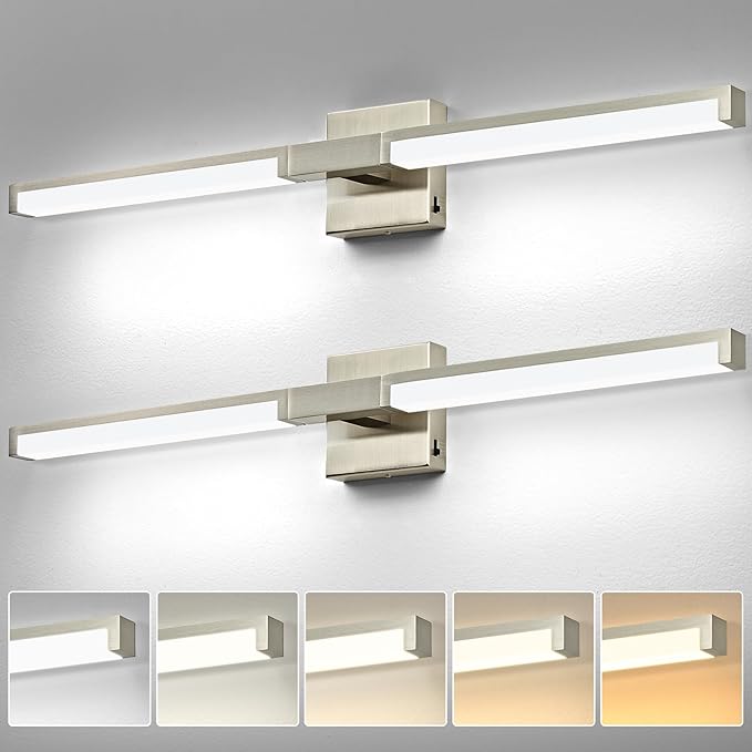 OKELI Modern Bathroom Light Fixtures Over Mirror, 32 Inch Brushed Nickel Vanity Light Bar for Bathroom, 16W 5CCT Diammable Wall Light - 2Pack