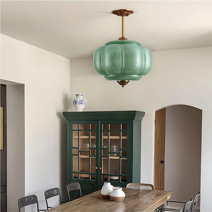 15-Inch Vintage Semi Flush Mount Ceiling Light, Green Glass Chandelier with Antique Brass Finish, Mid Century Modern Schoolhouse Pendant Light Fixtures for Kitchen, Hallway, Dining Room