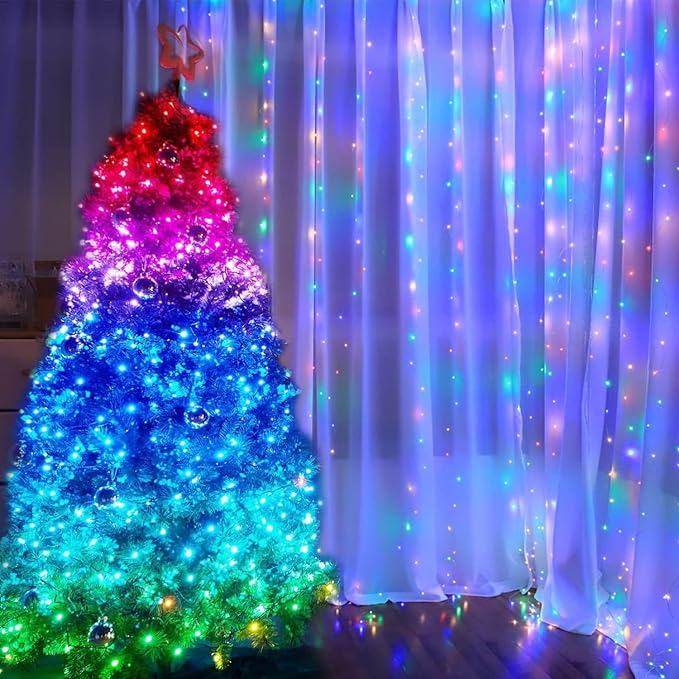 300 LED Colorful Curtain Light for Party/Wedding/Festival/Christmas,Window Blinking String Light for Bedroom/Living Room,USB Plug with 8 Modes(Battery not Included)