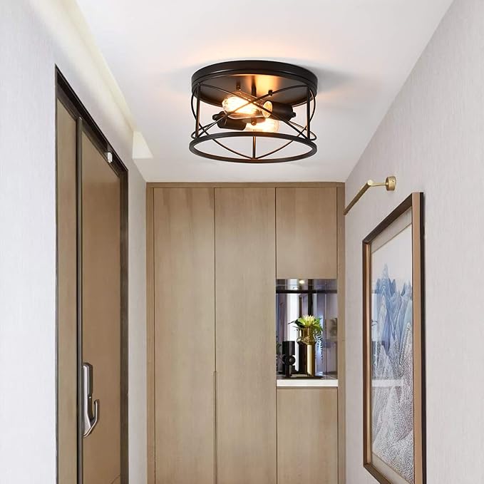 2-Light Flush Mount Ceiling Light Fixture, Industrial Modern Black Ceiling Lamp, Vintage Farmhouse Light Fixture for Hallway, Bedroom, Dining Room, Living Room, Kitchen, Entryway