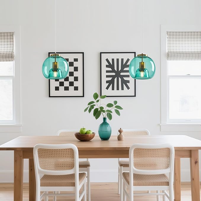 Light Blue Glass Pendant Lights Kitchen Island Gold Hanging Light Fixture Glass Globe Pendant Light Modern Pendant Lighting for Kitchen Island Bedroom Dining Room (7.87", 3 Pack)