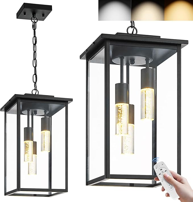 3-Color LED Outdoor Pendant Light with Remote, 3-Light 19" Large Outdoor Chandelier for Porch, Black Exterior Pendant Lighting Fixture Ceiling Mount Pendant Lantern for Patio Front Door