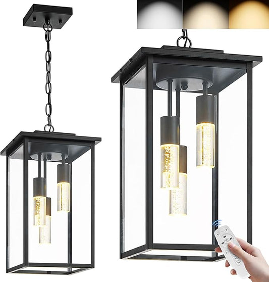 3-Color LED Outdoor Pendant Light with Remote, 3-Light 19" Large Outdoor Chandelier for Porch, Black Exterior Pendant Lighting Fixture Ceiling Mount Pendant Lantern for Patio Front Door