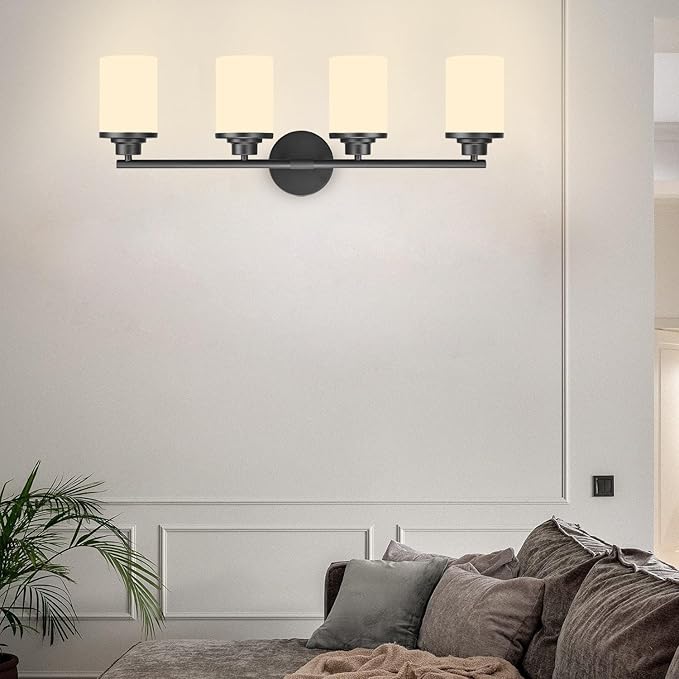 Bathroom Light Fixtures,Matte Black Bathroom Lights,4-Light Vanity Light Over Mirror,Modern Vanity Light Fixture with Frosted Glass